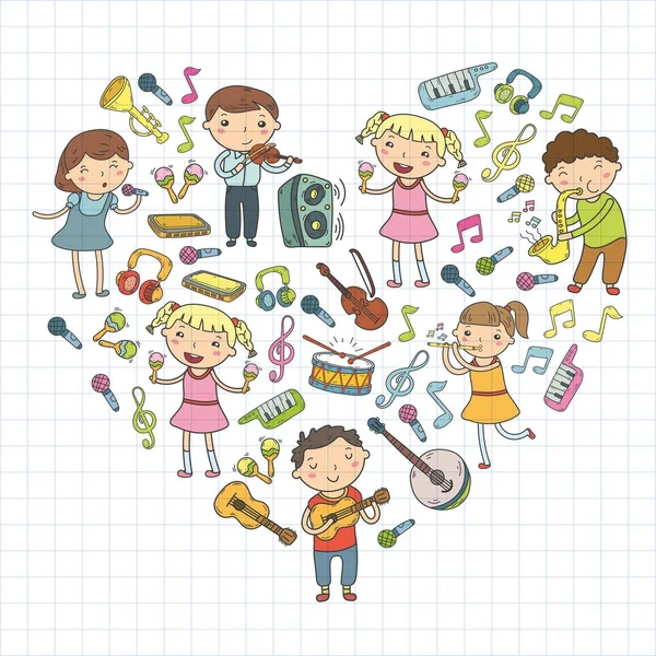 Escola de música para crianças Ilustração vetorial Crianças cantando músicas, tocando instrumentos musicais Coleção de ícones do jardim de infância Doodle Ilustração para crianças lição de música —  Vetores de Stock