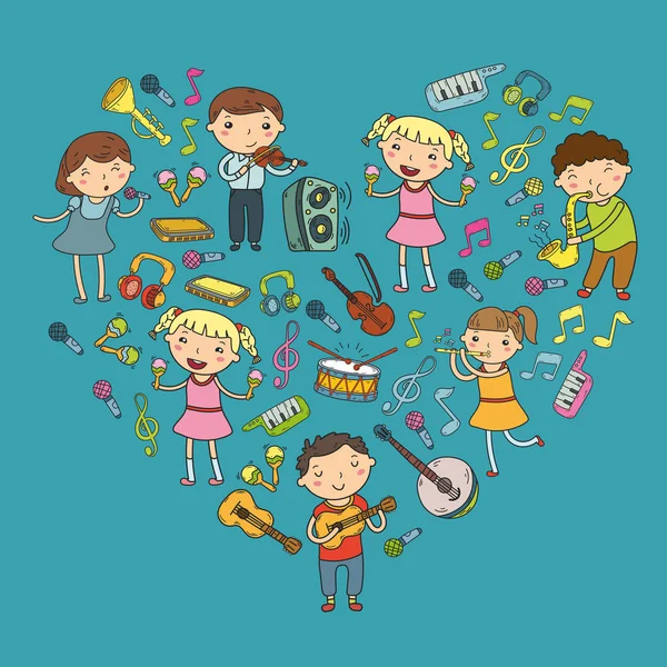 音楽学校子供ベクトル イラスト子供の幼稚園落書きアイコン コレクション子供音楽レッスンのイラスト楽器を演奏、声楽曲 — ストックベクタ