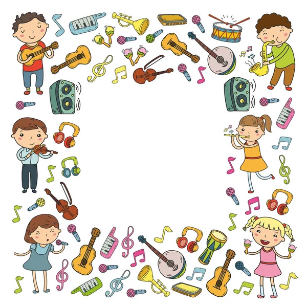 Scuola di musica per bambini Illustrazione vettoriale Bambini che cantano canzoni, suonano strumenti musicali Scuola materna Raccolta di icone Doodle Illustrazione per bambini lezione di musica — Vettoriale Stock