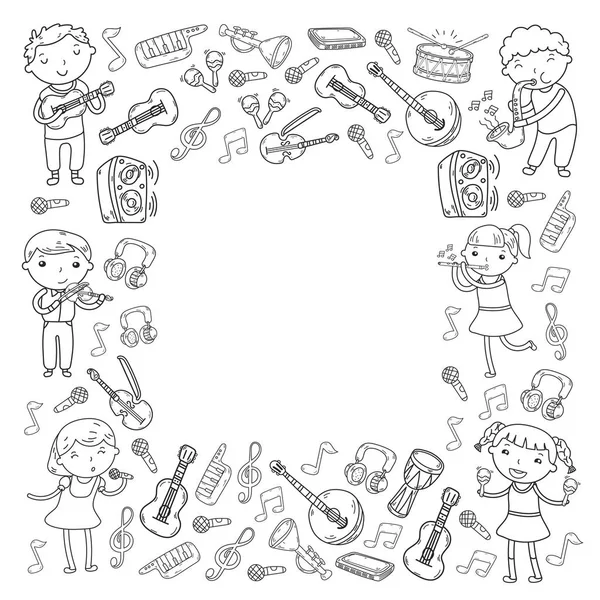 École de musique pour enfants Illustration vectorielle Enfants chantant des chansons, jouant des instruments de musique Kindergarten Doodle icon collection Illustration pour enfants leçon de musique — Image vectorielle