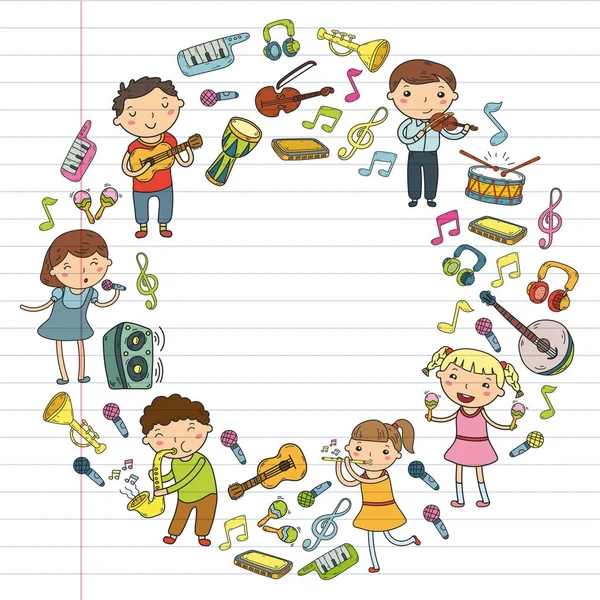 Musik skola för barnen vektorillustration barn sjunga sånger, spela musikinstrument dagis Doodle ikon samling Illustration för barn musik lektion — Stock vektor