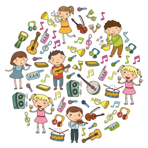 Scuola di musica per bambini Illustrazione vettoriale Bambini che cantano canzoni, suonano strumenti musicali Scuola materna Raccolta di icone Doodle Illustrazione per bambini lezione di musica — Vettoriale Stock