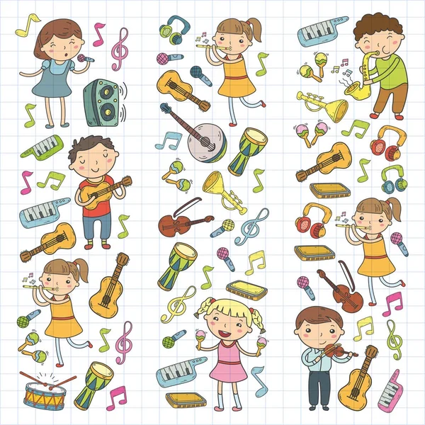 Escuela de música para niños Ilustración vectorial Canciones infantiles para cantar, tocar instrumentos musicales Jardines de infancia Colección de iconos de Doodle Ilustración para niños lección de música — Vector de stock