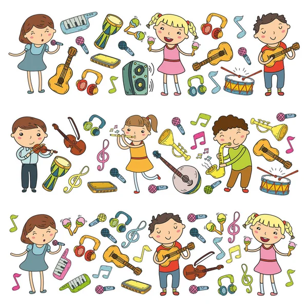 Zenei iskolába gyerekek vektoros illusztráció gyerekek énekelnek, játék hangszerek óvoda Doodle ikon gyűjtemény illusztráció, a gyermekek zenei lecke — Stock Vector