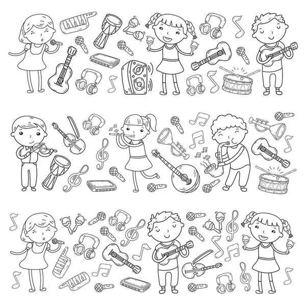 Escuela de música para niños Ilustración vectorial Canciones infantiles para cantar, tocar instrumentos musicales Jardines de infancia Colección de iconos de Doodle Ilustración para niños lección de música — Vector de stock