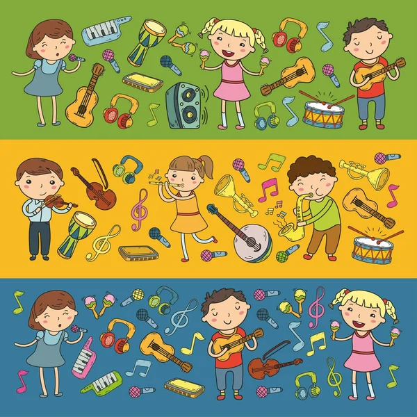 Zenei iskolába gyerekek vektoros illusztráció gyerekek énekelnek, játék hangszerek óvoda Doodle ikon gyűjtemény illusztráció, a gyermekek zenei lecke — Stock Vector