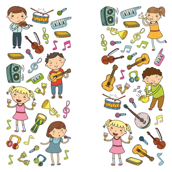 Music school for kids Vector illustration Children singing songs, playing musical instruments Kindergarten Doodle icon collection Illustration for children music lesson — Διανυσματικό Αρχείο