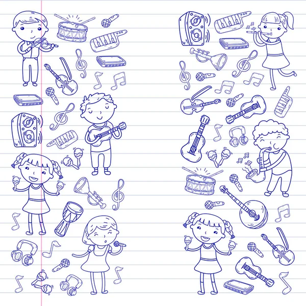 Müzik müzik aletleri anaokulu Doodle Icon collection çocukların müzik dersi için illüstrasyon iskambil şarkı, çocukları vektör çizim çocuklar için okul — Stok Vektör