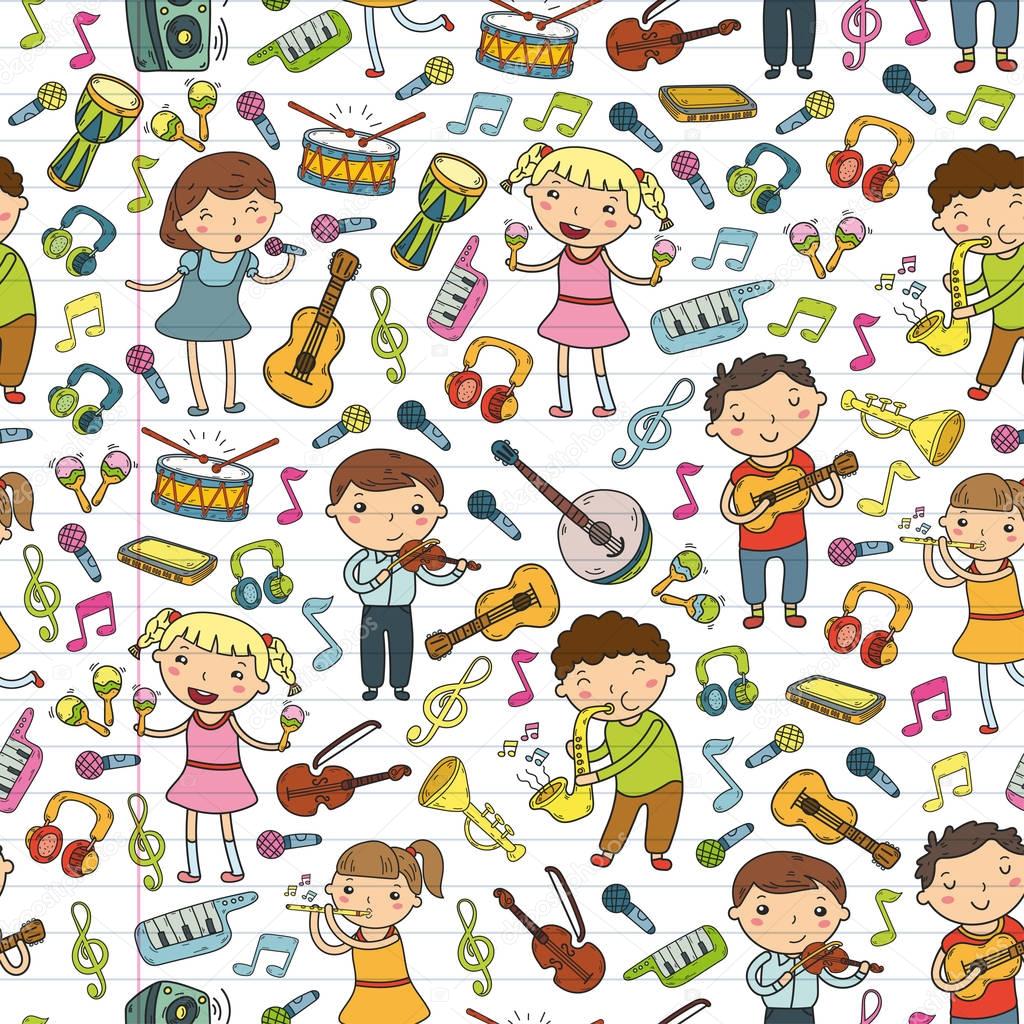 Music school for kids Vector illustration Children singing songs, playing musical instruments Kindergarten Doodle icon collection Illustration for children music lesson