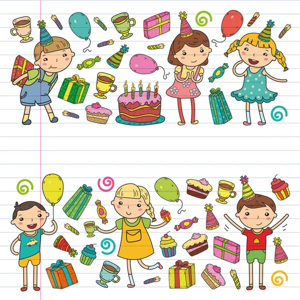 Boldog születésnapot vector design születésnapi hat párt és az ünneplés. Óvodás gyermekek iskola kids party. Vektoros illusztráció. — Stock Vector