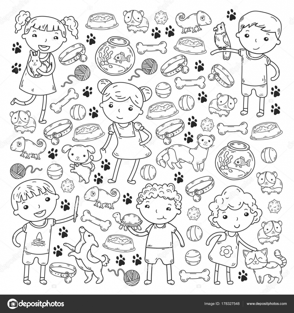 Bambini zoo Pet shop veterinaria asilo ragazzi con cane criceto gatti animali e cibo e accessori — Vettoriali di Helen F Trova immagini simili