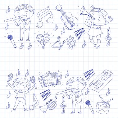 Vektör okul müzik müzikalleri Anaokulu Çocuk müzik aletleri davul, flüt, akordeon, trompet, piyano müzik perfomansı ve okul çağındaki çocuklar çocuk Orkestrası ile