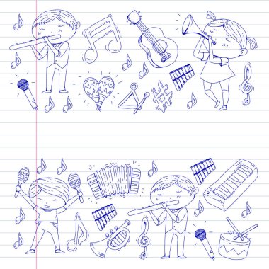 Vektör okul müzik müzikalleri Anaokulu Çocuk müzik aletleri davul, flüt, akordeon, trompet, piyano müzik perfomansı ve okul çağındaki çocuklar çocuk Orkestrası ile