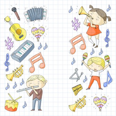 Vektör okul müzik müzikalleri Anaokulu Çocuk müzik aletleri davul, flüt, akordeon, trompet, piyano müzik perfomansı ve okul çağındaki çocuklar çocuk Orkestrası ile