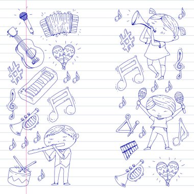 Vektör okul müzik müzikalleri Anaokulu Çocuk müzik aletleri davul, flüt, akordeon, trompet, piyano müzik perfomansı ve okul çağındaki çocuklar çocuk Orkestrası ile