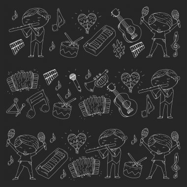 Vektör okul müzik müzikalleri Anaokulu Çocuk müzik aletleri davul, flüt, akordeon, trompet, piyano müzik perfomansı ve okul çağındaki çocuklar çocuk Orkestrası ile