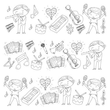Vektör okul müzik müzikalleri Anaokulu Çocuk müzik aletleri davul, flüt, akordeon, trompet, piyano müzik perfomansı ve okul çağındaki çocuklar çocuk Orkestrası ile