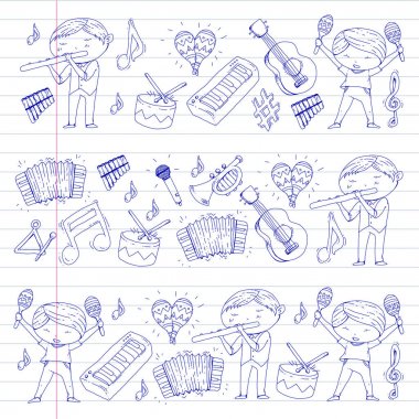 Vektör okul müzik müzikalleri Anaokulu Çocuk müzik aletleri davul, flüt, akordeon, trompet, piyano müzik perfomansı ve okul çağındaki çocuklar çocuk Orkestrası ile