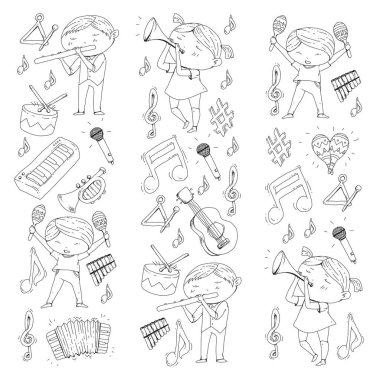 Vektör okul müzik müzikalleri Anaokulu Çocuk müzik aletleri davul, flüt, akordeon, trompet, piyano müzik perfomansı ve okul çağındaki çocuklar çocuk Orkestrası ile