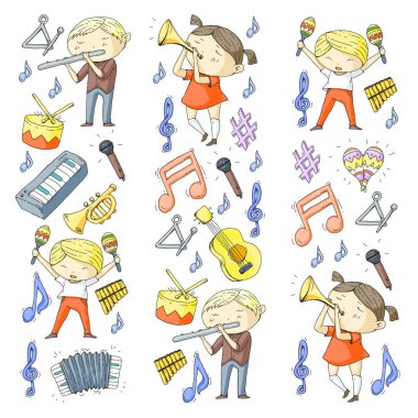 Vektör okul müzik müzikalleri Anaokulu Çocuk müzik aletleri davul, flüt, akordeon, trompet, piyano müzik perfomansı ve okul çağındaki çocuklar çocuk Orkestrası ile