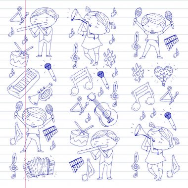 Vektör okul müzik müzikalleri Anaokulu Çocuk müzik aletleri davul, flüt, akordeon, trompet, piyano müzik perfomansı ve okul çağındaki çocuklar çocuk Orkestrası ile