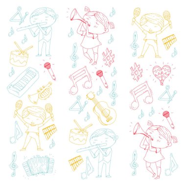 Vektör okul müzik müzikalleri Anaokulu Çocuk müzik aletleri davul, flüt, akordeon, trompet, piyano müzik perfomansı ve okul çağındaki çocuklar çocuk Orkestrası ile