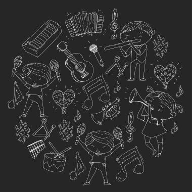 Vektör okul müzik müzikalleri Anaokulu Çocuk müzik aletleri davul, flüt, akordeon, trompet, piyano müzik perfomansı ve okul çağındaki çocuklar çocuk Orkestrası ile