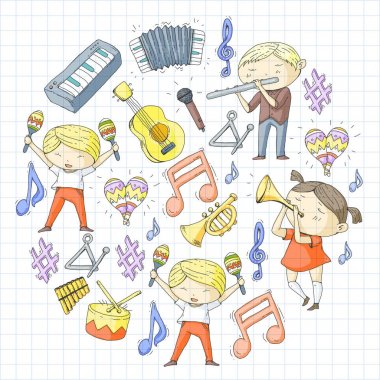 Vektör okul müzik müzikalleri Anaokulu Çocuk müzik aletleri davul, flüt, akordeon, trompet, piyano müzik perfomansı ve okul çağındaki çocuklar çocuk Orkestrası ile