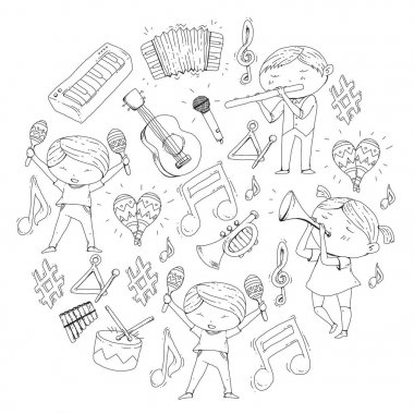Vektör okul müzik müzikalleri Anaokulu Çocuk müzik aletleri davul, flüt, akordeon, trompet, piyano müzik perfomansı ve okul çağındaki çocuklar çocuk Orkestrası ile