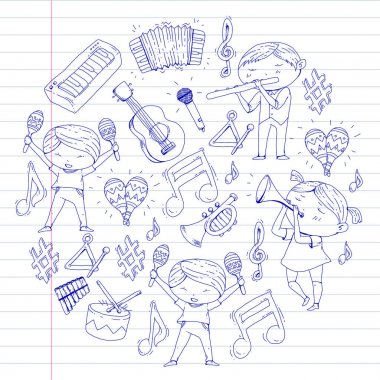 Vektör okul müzik müzikalleri Anaokulu Çocuk müzik aletleri davul, flüt, akordeon, trompet, piyano müzik perfomansı ve okul çağındaki çocuklar çocuk Orkestrası ile