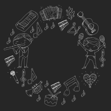 Vektör okul müzik müzikalleri Anaokulu Çocuk müzik aletleri davul, flüt, akordeon, trompet, piyano müzik perfomansı ve okul çağındaki çocuklar çocuk Orkestrası ile