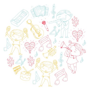 Vektör okul müzik müzikalleri Anaokulu Çocuk müzik aletleri davul, flüt, akordeon, trompet, piyano müzik perfomansı ve okul çağındaki çocuklar çocuk Orkestrası ile