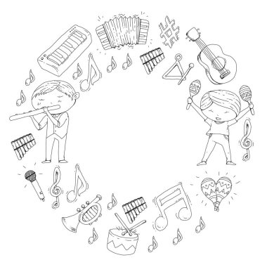 Vektör okul müzik müzikalleri Anaokulu Çocuk müzik aletleri davul, flüt, akordeon, trompet, piyano müzik perfomansı ve okul çağındaki çocuklar çocuk Orkestrası ile