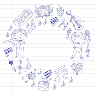 Vektör okul müzik müzikalleri Anaokulu Çocuk müzik aletleri davul, flüt, akordeon, trompet, piyano müzik perfomansı ve okul çağındaki çocuklar çocuk Orkestrası ile