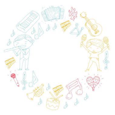 Vektör okul müzik müzikalleri Anaokulu Çocuk müzik aletleri davul, flüt, akordeon, trompet, piyano müzik perfomansı ve okul çağındaki çocuklar çocuk Orkestrası ile