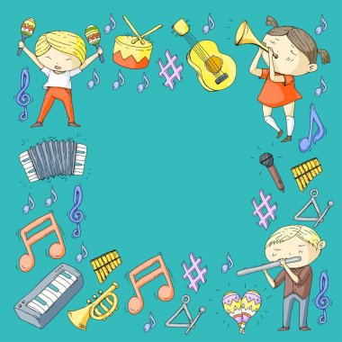 Vektör okul müzik müzikalleri Anaokulu Çocuk müzik aletleri davul, flüt, akordeon, trompet, piyano müzik perfomansı ve okul çağındaki çocuklar çocuk Orkestrası ile