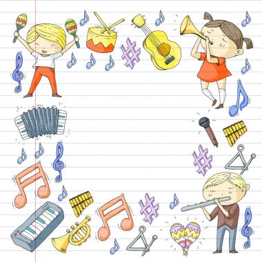 Vektör okul müzik müzikalleri Anaokulu Çocuk müzik aletleri davul, flüt, akordeon, trompet, piyano müzik perfomansı ve okul çağındaki çocuklar çocuk Orkestrası ile