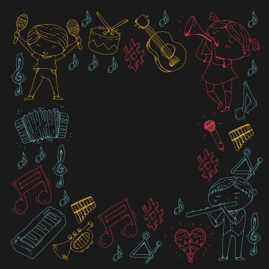 Vektör okul müzik müzikalleri Anaokulu Çocuk müzik aletleri davul, flüt, akordeon, trompet, piyano müzik perfomansı ve okul çağındaki çocuklar çocuk Orkestrası ile
