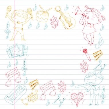 Vektör okul müzik müzikalleri Anaokulu Çocuk müzik aletleri davul, flüt, akordeon, trompet, piyano müzik perfomansı ve okul çağındaki çocuklar çocuk Orkestrası ile