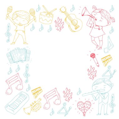 Vektör okul müzik müzikalleri Anaokulu Çocuk müzik aletleri davul, flüt, akordeon, trompet, piyano müzik perfomansı ve okul çağındaki çocuklar çocuk Orkestrası ile