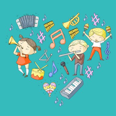Vektör okul müzik müzikalleri Anaokulu Çocuk müzik aletleri davul, flüt, akordeon, trompet, piyano müzik perfomansı ve okul çağındaki çocuklar çocuk Orkestrası ile