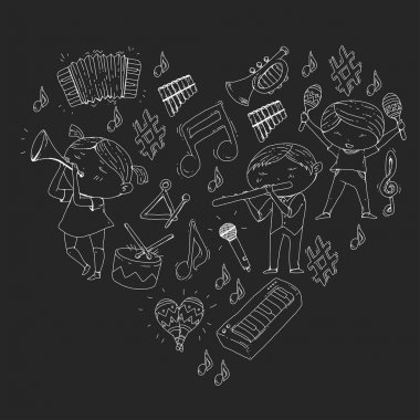 Vektör okul müzik müzikalleri Anaokulu Çocuk müzik aletleri davul, flüt, akordeon, trompet, piyano müzik perfomansı ve okul çağındaki çocuklar çocuk Orkestrası ile