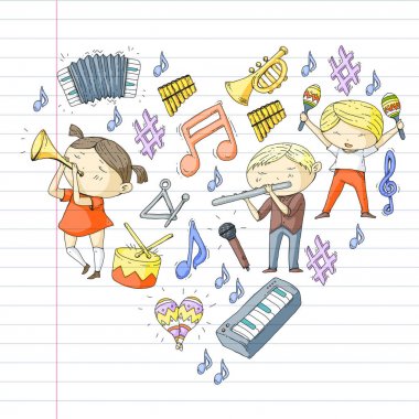 Vektör okul müzik müzikalleri Anaokulu Çocuk müzik aletleri davul, flüt, akordeon, trompet, piyano müzik perfomansı ve okul çağındaki çocuklar çocuk Orkestrası ile
