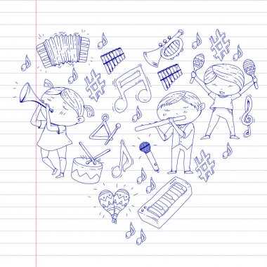 Vektör okul müzik müzikalleri Anaokulu Çocuk müzik aletleri davul, flüt, akordeon, trompet, piyano müzik perfomansı ve okul çağındaki çocuklar çocuk Orkestrası ile