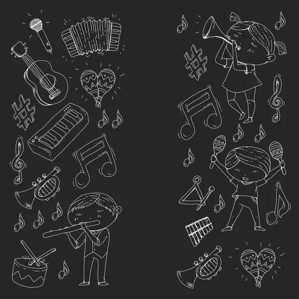 Escuela vectorial de música Teatro musical Jardín de infancia niños con instrumentos de música Tambor, flauta, acordeón, trompeta, piano Música perfomance y escuela niños Orquesta infantil — Vector de stock