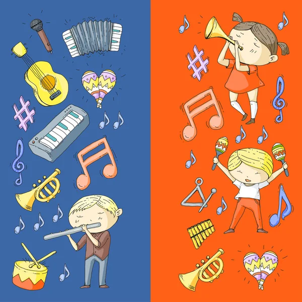 Escuela vectorial de música Teatro musical Jardín de infancia niños con instrumentos de música Tambor, flauta, acordeón, trompeta, piano Música perfomance y escuela niños Orquesta infantil — Vector de stock