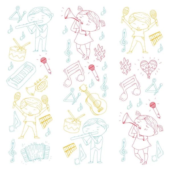 Vektör okul müzik müzikalleri Anaokulu Çocuk müzik aletleri davul, flüt, akordeon, trompet, piyano müzik perfomansı ve okul çağındaki çocuklar çocuk Orkestrası ile