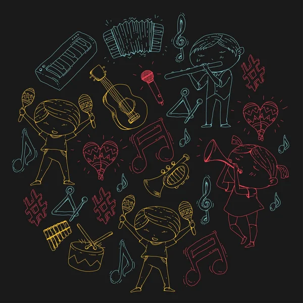 Escuela vectorial de música Teatro musical Jardín de infancia niños con instrumentos de música Tambor, flauta, acordeón, trompeta, piano Música perfomance y escuela niños Orquesta infantil — Vector de stock