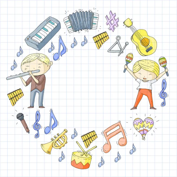 Escuela vectorial de música Teatro musical Jardín de infancia niños con instrumentos de música Tambor, flauta, acordeón, trompeta, piano Música perfomance y escuela niños Orquesta infantil — Vector de stock