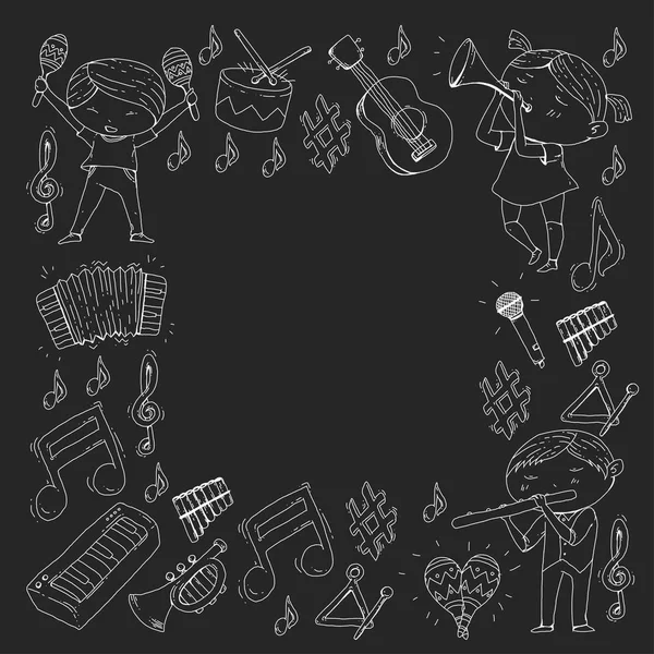 音乐剧场幼儿园儿童用乐器鼓、长笛、手风琴、小号、钢琴音乐演奏和学龄儿童乐团 — 图库矢量图片